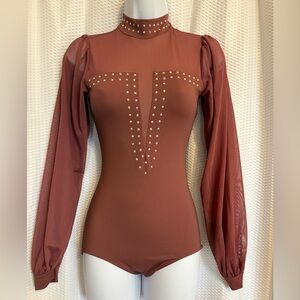 Dusty pink long sleeve mesh dance leotard bodysuit rhinestone details size XS